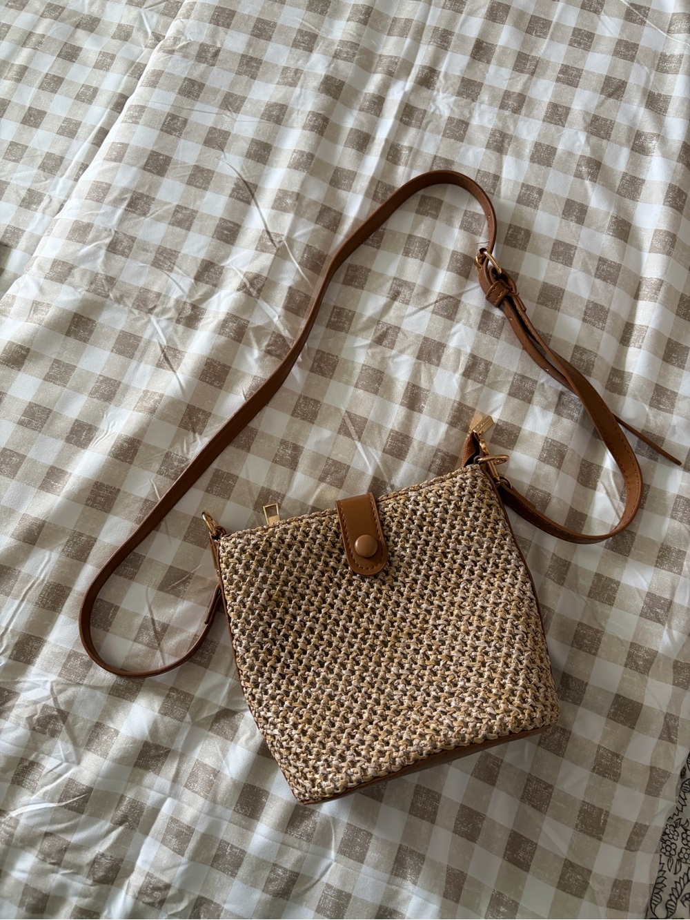 Woven Straw Shoulder Bag with Brown Faux-Leather Trim